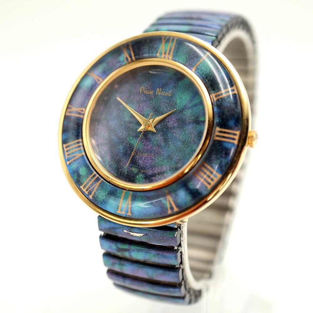 Vintage Pierre Nicol Blue Gold Tone Round 42mm Watch Stretch Band w New Battery